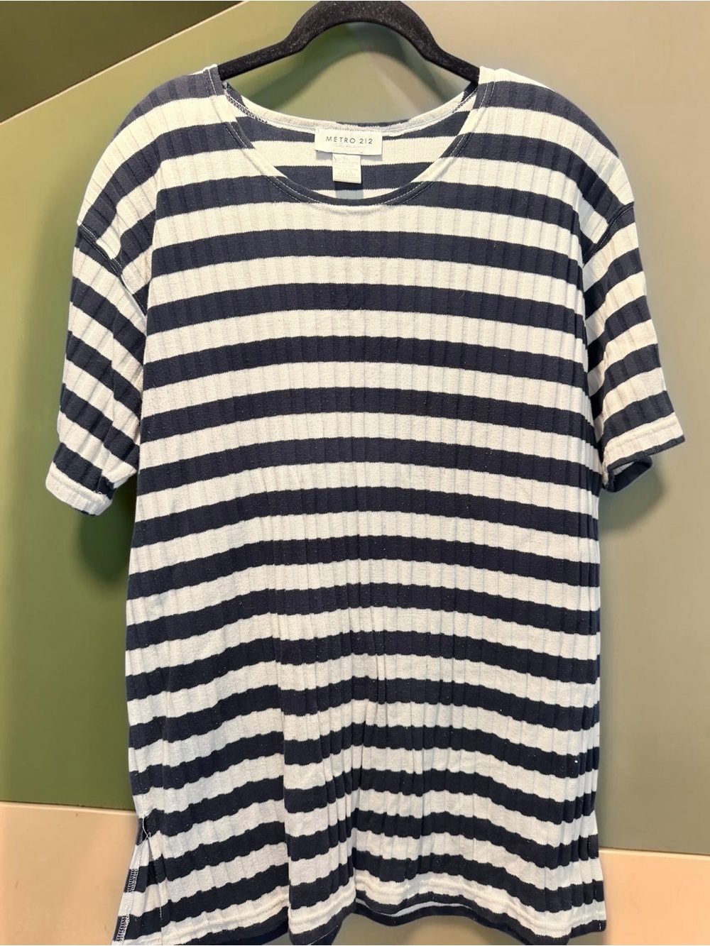 Metro 212 Navy White Striped Ribbed Knit Short Sleeve Top Women's Size XL Casual